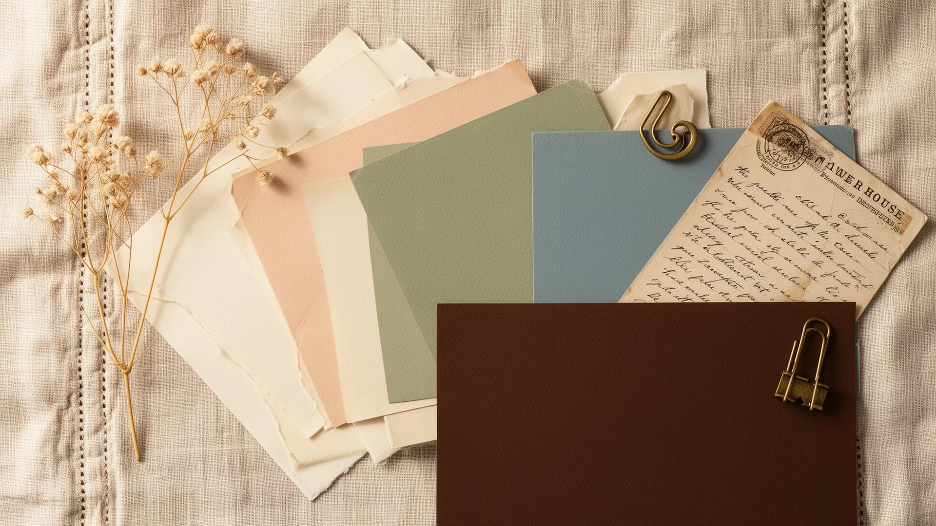 Editorial flat lay of premium 12x12 scrapbook papers in cream, blush, sage, and dusty blue with dried florals
